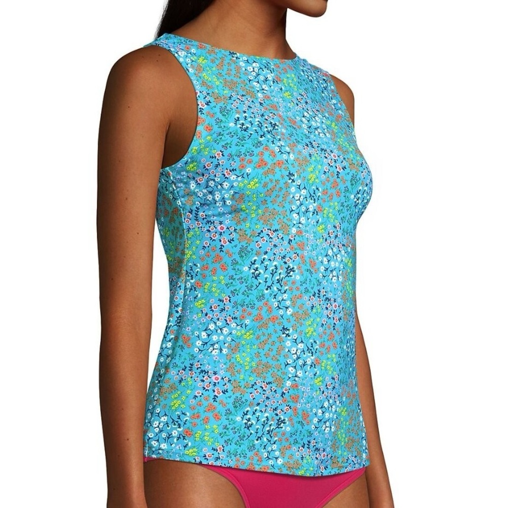Lands' End Women's High Neck UPF 50 Sun Protection Blue Floral Tankini Size 8